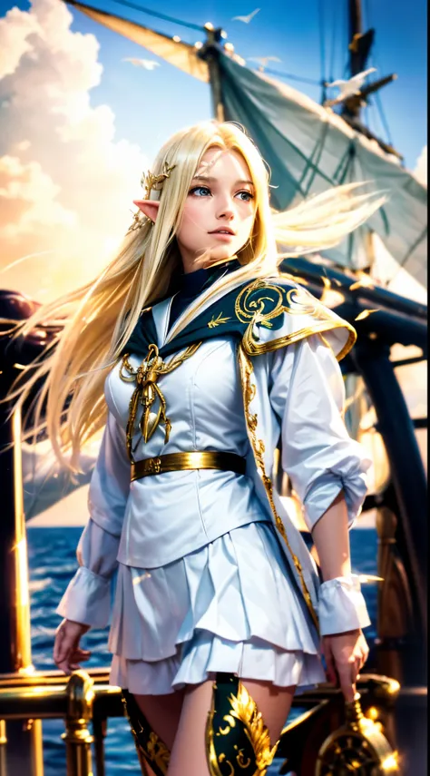 (((masutepiece, Highest Quality, High Definition, high detailing)))), ((((Fantasy))), One, (Elven Woman)))), (White short skirt with gold embroidery), (Blonde long straight hair), (shiny dark green eyes), (White ruffled blouse with gold embroidery), Big, (...