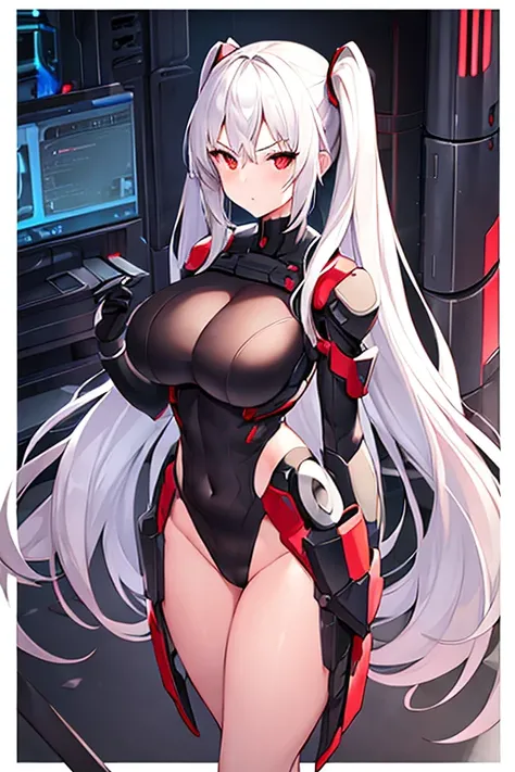 1girl, breasts, large breasts, white hair, long hair, red eyes, serious, twintails, bikini, black bikini, futuristic, tech, machinery, science-fiction, hourglass figure, downblouse, from above, standing