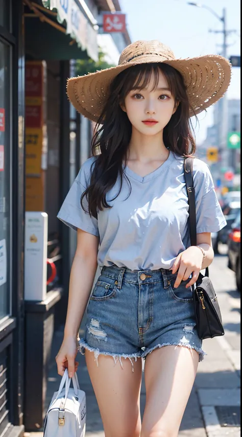 An african Asian woman wearing a blue shirt and denim shorts walking down the street, a picture by Zhang Han, trending on cg society, Realism, Korean Girl, Beautiful young Korean woman, Gorgeous young Korean woman, korean female fashion model, beautiful Ko...