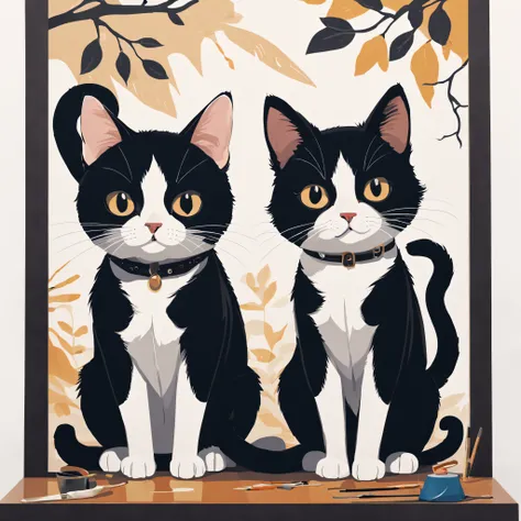 t-shirt design, painting of a black and white cats, a detailed painting by Petros Afshar, shutterstock contest winner, environmental art, detailed painting, outlined art, 2d minimal art, isolated background for logo