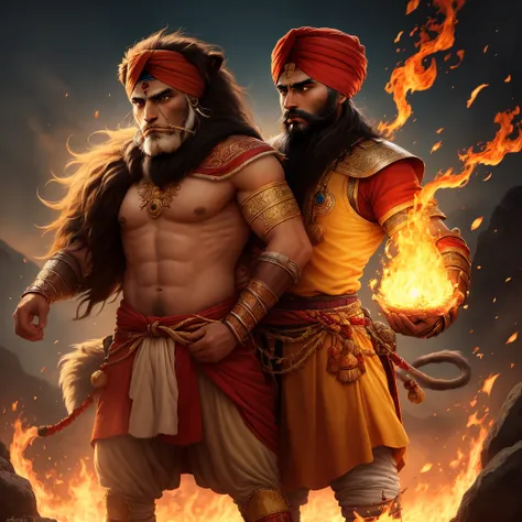 Sikh warrior and fire with a lion