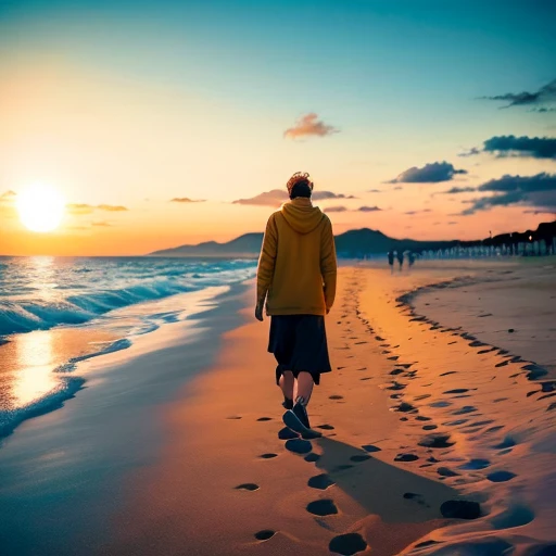 Un hombre humano caminando en la playa con cielo atardeciendo color amarillo