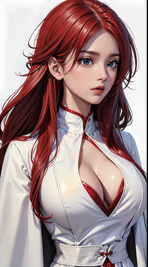 (8k), sharp focus, highres, 1girl, upper body, midoridef, red hair,(high quality:1.2), (high detail:1.2), (masterpiece:1.2), (extremely detailed:1.2), white clothing, symmetrical features, long hair, cleavage on, busty, plain single-colored background, zoo...