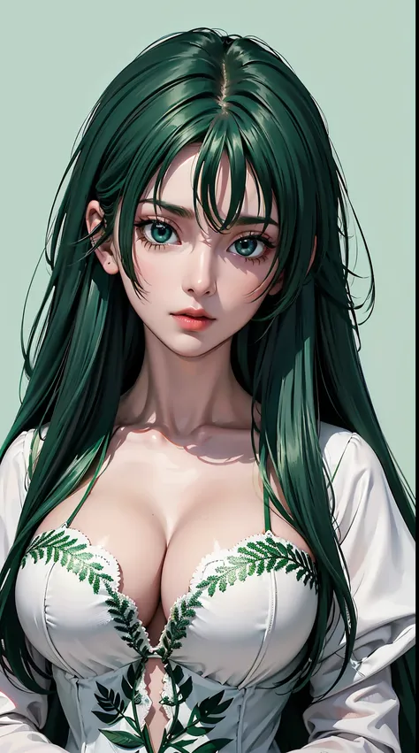 (8k), sharp focus, highres, 1girl, upper body, midoridef, Fern In sousou no Frieren, green hair,(high quality:1.2), (high detail:1.2), (masterpiece:1.2), (extremely detailed:1.2), white clothing, symmetrical features, long hair, cleavage on, busty, plain s...