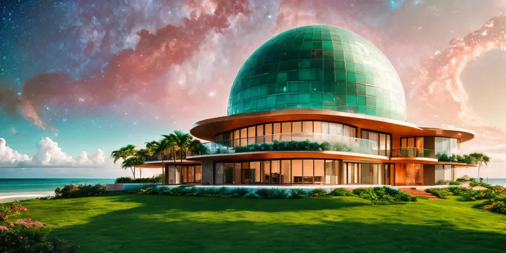 a beautiful mansion clad in shiny copper, a large glass dome roof, with roman columns, emerald green marble, beautiful landscaped gardens with tropical plants, ocean front of a beautiful tropical beach, ((evening sky with a nebula and stars background)), G...