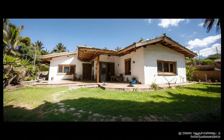 A photograph of a symmetrical contemporary house with (((um telhado verde ondulado))) e (((Biological pool))) em um quintal tropical, paredes de gesso terracota amarelo mostarda (((rustic clay stucco))), ((paredes de canto arredondadas)), ((Rustic clay pla...