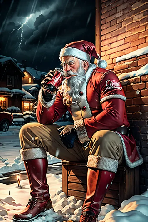 Realistic image of santa claus drinking a coca cola during a snowy storm in the night