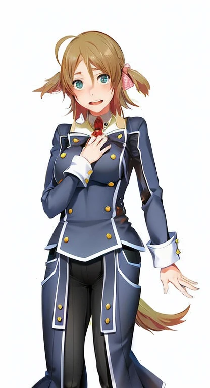 anime character dressed in uniform with a red rose in her hand, official character art, with index finger, single character full body, hajime yatate, sora, official character illustration, anya from spy x family, full body single character, main character,...