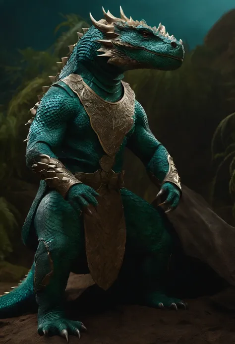 ci-fi anthropomorphic Komodo Dragon King. Show the whole body. The skin color is blue-green. has horns on its head. Armor with intricate details. Rich texture of scales. Professional studio shooting. Surreal, Complicated details