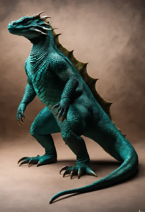 ci-fi anthropomorphic Komodo Dragon King. Show the whole body. The skin color is blue-green. has horns on its head. Armor with intricate details. Rich texture of scales. Professional studio shooting. Surreal, Complicated details