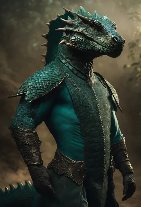 ci-fi anthropomorphic Komodo Dragon King. Show the whole body. The skin color is blue-green. has horns on its head. Armor with intricate details. Rich texture of scales. Professional studio shooting. Surreal, Complicated details