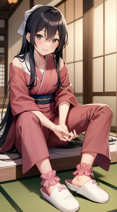 mature female, black hair, black eyes, pink kimono, white kappougi, white socks, blue slippers, pink scrunchie, hair scrunchie, hair over shoulder, long hair, smile, japanese house interior, looking at viewer