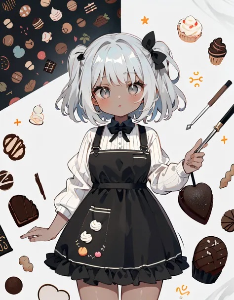 azhiichigo style，big cat eyes, thick lines, cute, 1girl, patisserie,(( black girl, dark skintone,)) chocolate, baking goods, cakepops, pattern background, detailed bakery setting, cute soft colors, gray, silver eyes, silver hair,