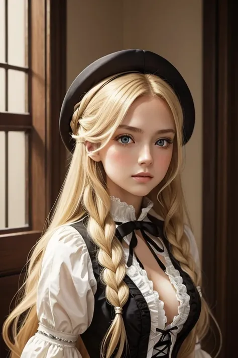 girl with long blonde hair in sexy traditional Victorian clothing with light brown eyes and soft features