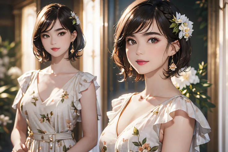 123
(a 20 yo woman,is standing), (A hyper-realistic), (high-level image quality), ((beautiful hairstyle 46)), ((short-hair:1.46)), (Gentle smile), (breasted:1.1), (lipsticks), (florals), (Luxurious room), (Depth of field is deep), (Modern)