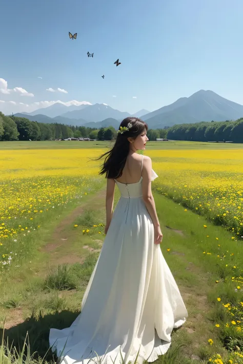 The endless grassland is covered with wild flowers.，Several butterflies flying among the flowers，Several sika deer not far away，，or stroll、or eat grass、or look back。Not far from the deer herd，A girl in a white dress is bending over to pick flowers。The end ...