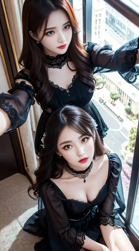 Ultra-detailed、Fascinating beauty、Dainty woman、Cool Girl、Wavy Hair、Black chiffon dress、Wide sleeves、flered skirt、Evil Female Executive、Evil Fall、brainwash、lacy fabric、Glossy legs、lipsticks、Evil look、Suspicious look、Hollow eyes、wicked、Reaching out、Over Head...