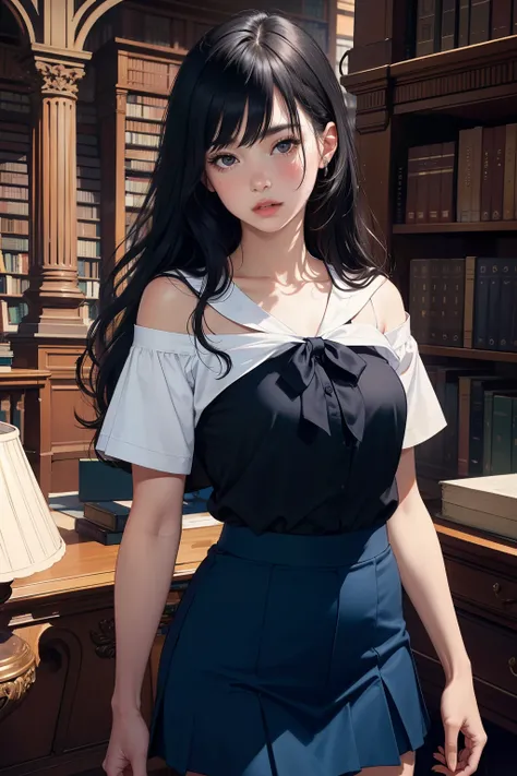 1girl,solo,(lshort-sleeved JK_sailor),JK_style,(dark blue JK_skirt),(bow JK_tie),(Inside the library:1.2),realistic,fully body,black hair,long hair,black eyes,lips,parted lips,collarbone,bare shoulders,portrait,nose,Best quality,masterpiece,ultra high res,...