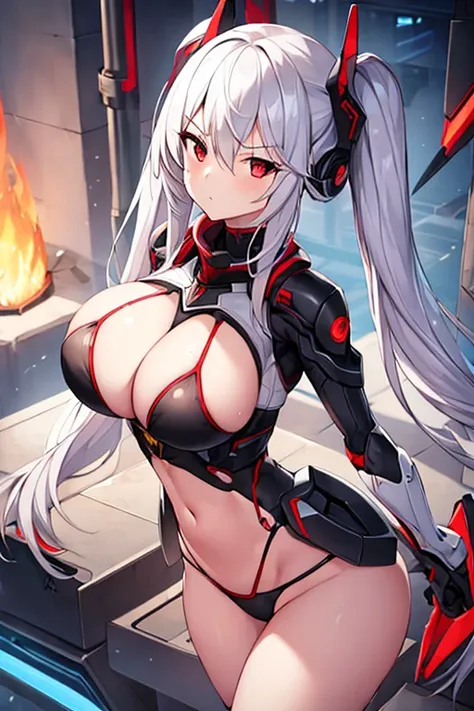 1girl, breasts, large breasts, white hair, long hair, red eyes, serious, twintails, bikini, black bikini, futuristic, tech, machinery, science-fiction, hourglass figure, downblouse, from above, standing