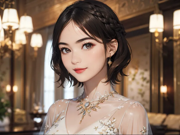 123
(a 20 yo woman,is standing), (A hyper-realistic), (high-level image quality), ((beautiful hairstyle 46)), ((short-hair:1.46)), (Gentle smile), (breasted:1.1), (lipsticks), (florals), (Luxurious room), (Depth of field is deep), (Modern)