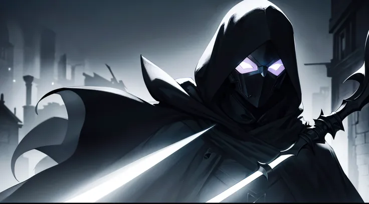 Hyper realistic male, black cloak made of shadows, black helmet with glowing white scar over lense, glowing white lense, scythe made of shadows, black vapors emitting off him, nighttime in a bloody alleyway