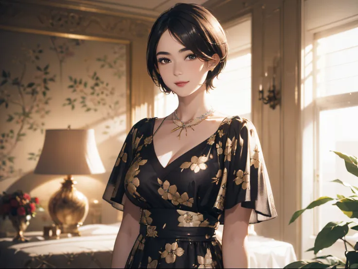 123
(a 20 yo woman,is standing), (A hyper-realistic), (high-level image quality), ((beautiful hairstyle 46)), ((short-hair:1.46)), (Gentle smile), (breasted:1.1), (lipsticks), (florals), (Luxurious room), (Depth of field is deep), (Modern)