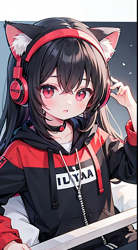 black hair, red color eyes, head mounted display, headphones, cat ear headphones, cat ears, Cat-eared girl