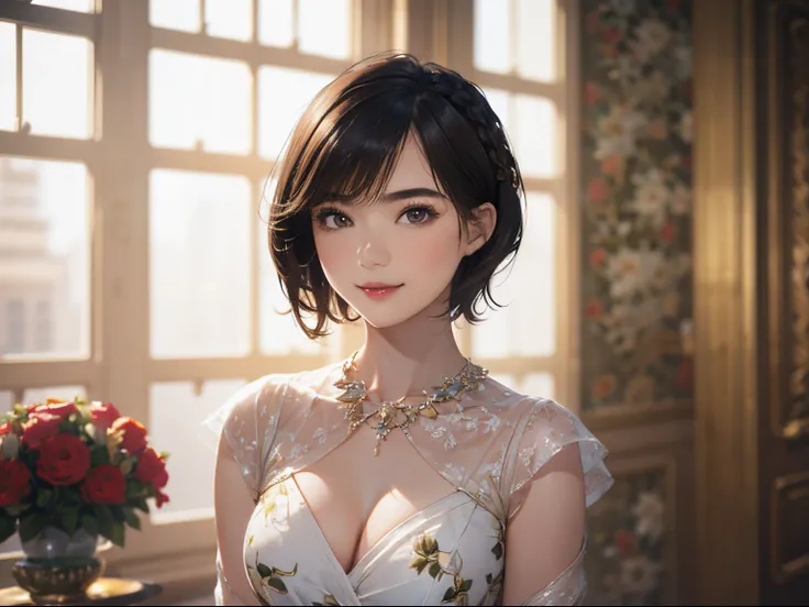 123
(a 20 yo woman,is standing), (A hyper-realistic), (high-level image quality), ((beautiful hairstyle 46)), ((short-hair:1.46)), (Gentle smile), (breasted:1.1), (lipsticks), (florals), (Luxurious room), (Depth of field is deep), (Modern)