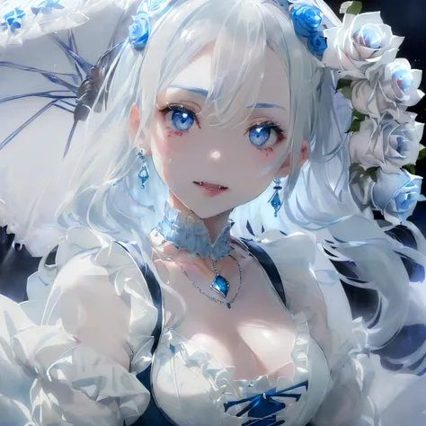 ((silver and blue mixed hair)),((short straight hair)),((deadpan)),((half-open eyes)),(Double-sleeved long-sleeved clothes with lots of frills),(striped long sleeve tops),((white long vest),((Shining corset with sequins)),((A white and blue-silver parasol ...