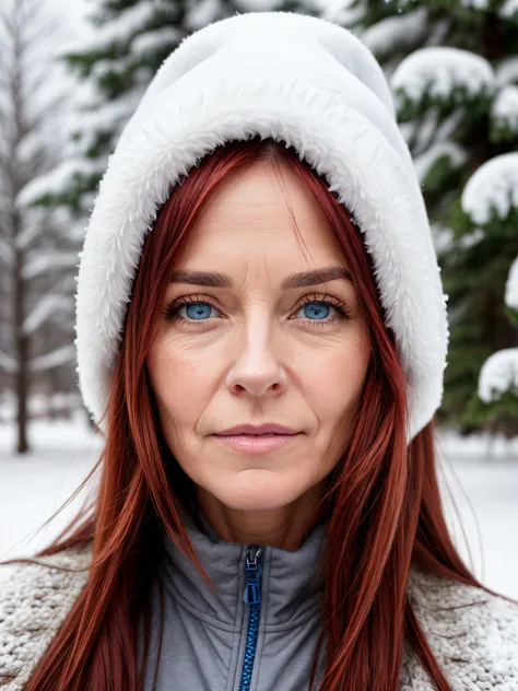 Natural skin, pores, Older Woman mid 30s long red hair and blue eyes in the snow