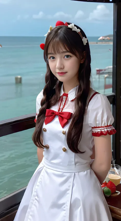 promo photo, The location is a restaurant by the sea..，1 girl, 16-year-old face, waitresses, Red-headed twin-tailed, Gentle face, Gothic Lolita half costume and maid costume and strawberry image, Clothes based on white,