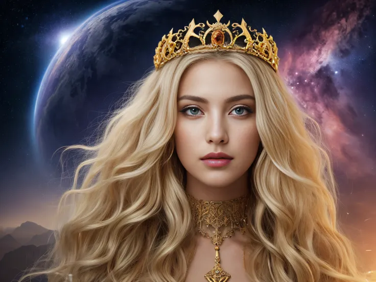 In a surreal way, Beautiful world, Our stunning woman wore a crown of long, wavy blonde hair.. ,It has eyes that seem to hold the secrets of the universe... She is among the islands floating in the sky.., Sit on the Golden Throne,The atmosphere is otherwor...