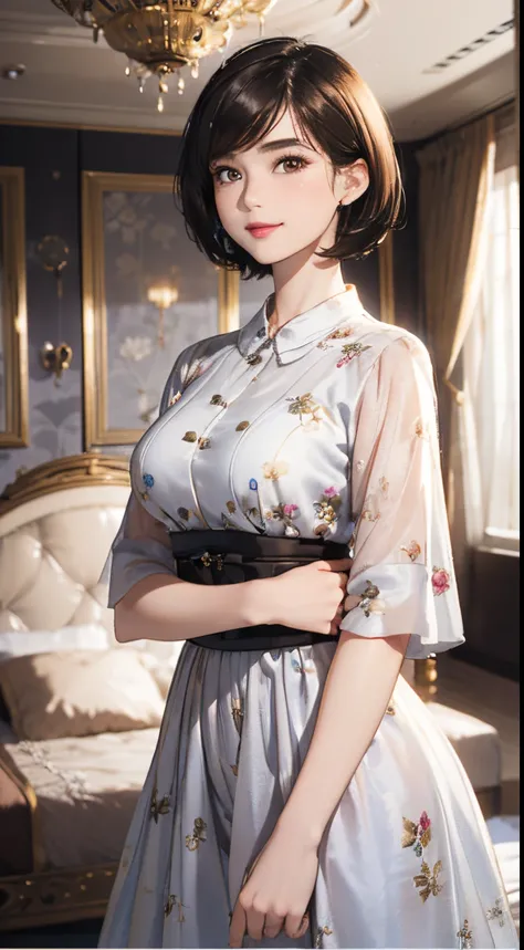 123
(a 20 yo woman,is standing), (A hyper-realistic), (high-level image quality), ((beautiful hairstyle 46)), ((short-hair:1.46)), (Gentle smile), (breasted:1.1), (lipsticks), (florals), (Luxurious room), (Depth of field is deep), (Modern)