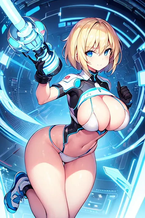 1girl, breasts, wide hips, large breasts, blonde hair, short hair, very short hair, hair, blue eyes, light smile, bikini, white bikini, futuristic, tech, machinery, science-fiction, hourglass figure, shoes, sneakers, neon trim, blue neon trim, neon