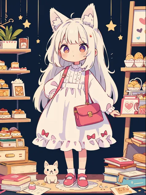 Dog ears, White-haired girl, Cute, Standing on a cakew, Sweets,