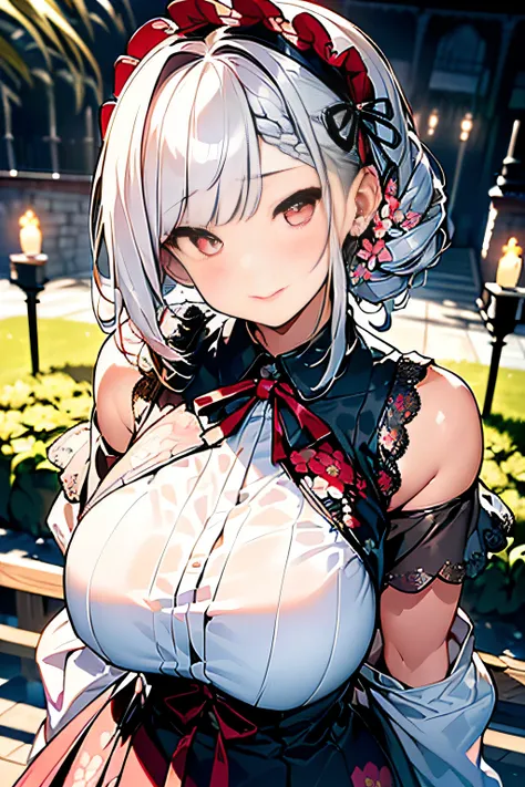 (ukiyoe painting:1.3),(3D Animation:1.3),(((Gothic Lolita Fashion:1.3)),(((lace off shoulder dress))),(((Costume with intricate lace details))),(Emphasis on the chest:1.3),(europe castle background:1.3),(Flower bed with colorful flowers in the garden),(Mak...