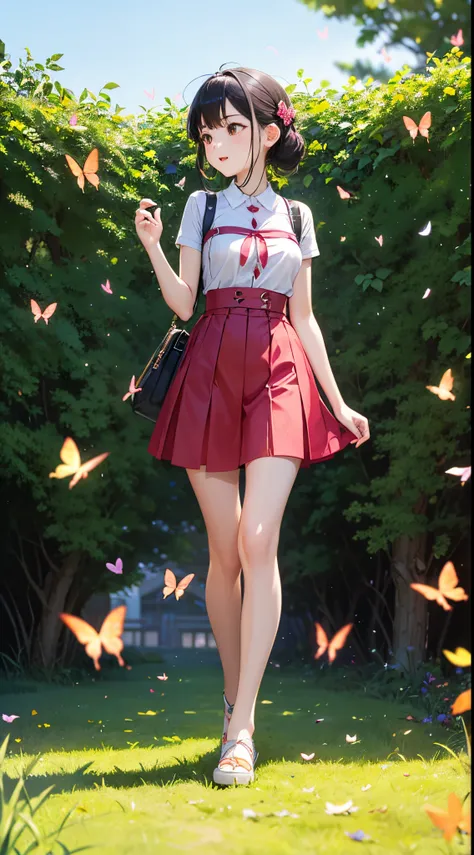 Cute clothes for girls in love。Fantastic scene。Butterflies fly around her in the sunshine。lawns