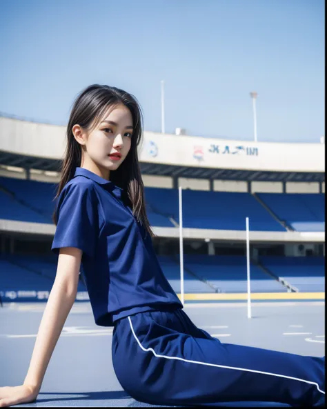 (bestquality,10,10,highres,masterpiece:1.2),ultra-detail,(Realistic,photorealistic portrait,photo-realistic:1.37),1 cute girl sitting on the football field,oily shiny skin,bara,light smile,BDclothes,((blue shirt:1.3)),short sleeves,shirt, trousers.,(navy_l...