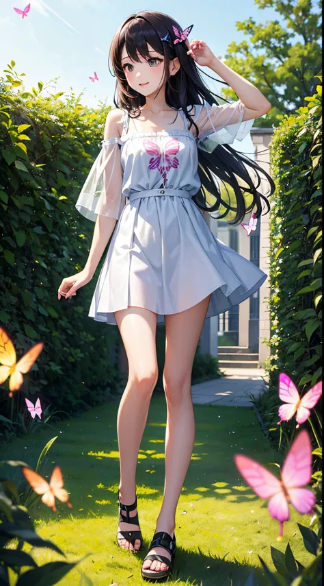 Cute clothes for girls in love。Fantastic scene。Butterflies fly around her in the sunshine。lawns