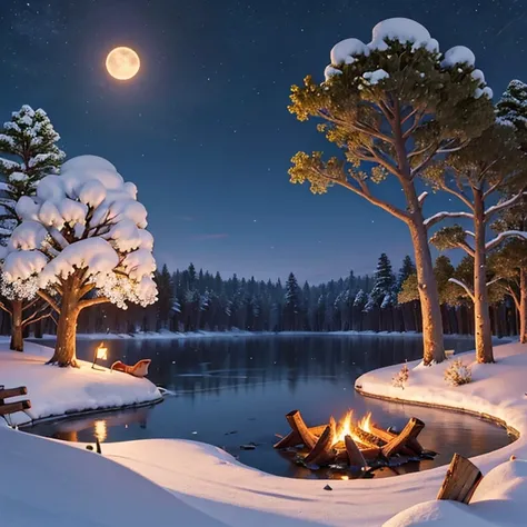 Trees and firewood on the lake on a bright moon at night, Heavy snowfall, Deer passing by