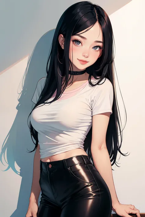 Amazing portrait of a sexy woman wearing her long straight luscious black hair, seductively gazing and smiling, soft lips, parted, blushing intensely, smiling, white t shirt, pink cargo pants, medium chest, perfect body