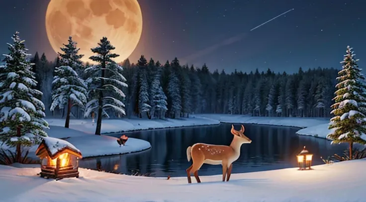 Trees and firewood on the lake on a bright moon at night, heavy snowy, deer passing by