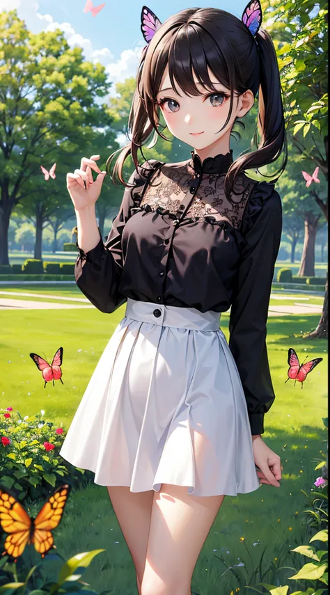 Cute clothes for girls in love。Fantastic scene。Butterflies fly around her in the sunshine。lawns