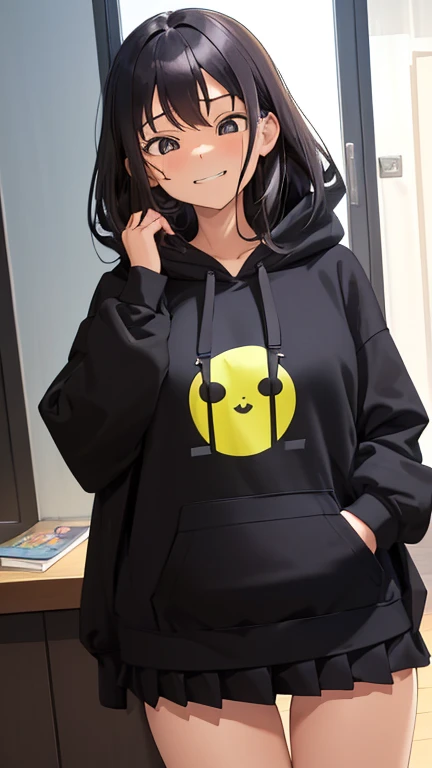 (masutepiece, Best Quality:1.2), (Looking at Viewer), (Wavy Hair:0.8),
1girl in, (Upper body:0.85), (Black theme:1.2), {Indoors|Outdoors}, Dark eyes, Dark hair, 
{Medium Hair}, Larger hoodie, (tight miniskirt:1.2),
({Happy face|peaceful face|Shy face|Curio...