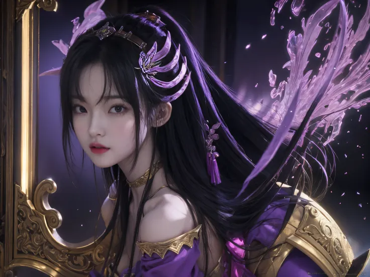 the face changed，close-up of a woman dressed in purple and black，shadowbringers cinematic，4 k detail fantasy，beautiful fantasy e...