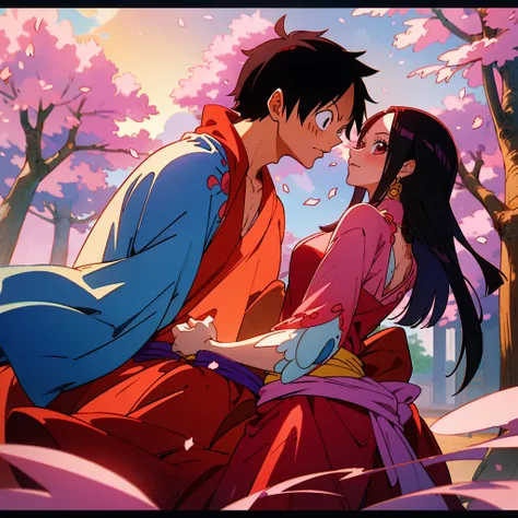 Masterpiece quality, 8k, a boy, monkey d Luffy and a girl,boa Hancock, under cherry blossom trees, drifting cherry blossoms, sunset, onepiece, Luffy, Hancock,couple,cute,pose, couple, kissing,