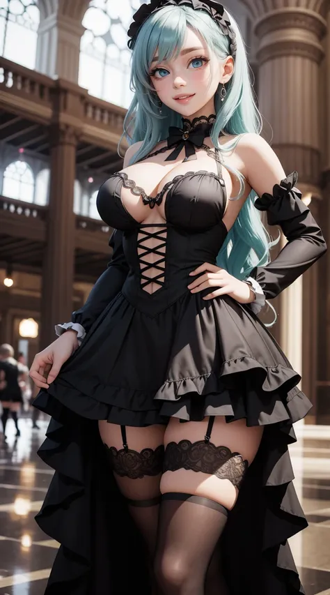 (masterpiece, best quality), 1 girl, curvaceous perfect body, nice breasts, wavy hair, pastel goth, gothic lolita cosplay dress with elaborate details, thighhighs, busy convention hall, standing pose, contrapposto, afternoon