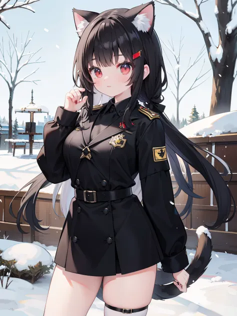 snow white forest，brunette color hair，cat ear，cat woman，red eyes， Officer uniform，，Germany，Black officer uniform