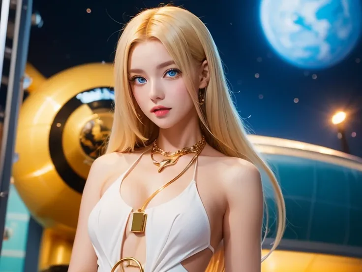 Young Blonde Anime, aesthetic body, Dark blue eyes, In white clothes with blue details, in spacecraft, Gold necklace included