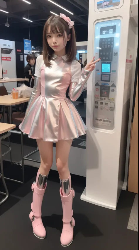 Robot Girl, pink there, Silver, Metallic body, Robot Parts, Metal Parts, Super Detailed Face, Super well-formed face, of the highest quality, a small face, a small head, Brown hair, Slender body, Camera gaze, Internal Mechanical Exposure, Idol, front facin...